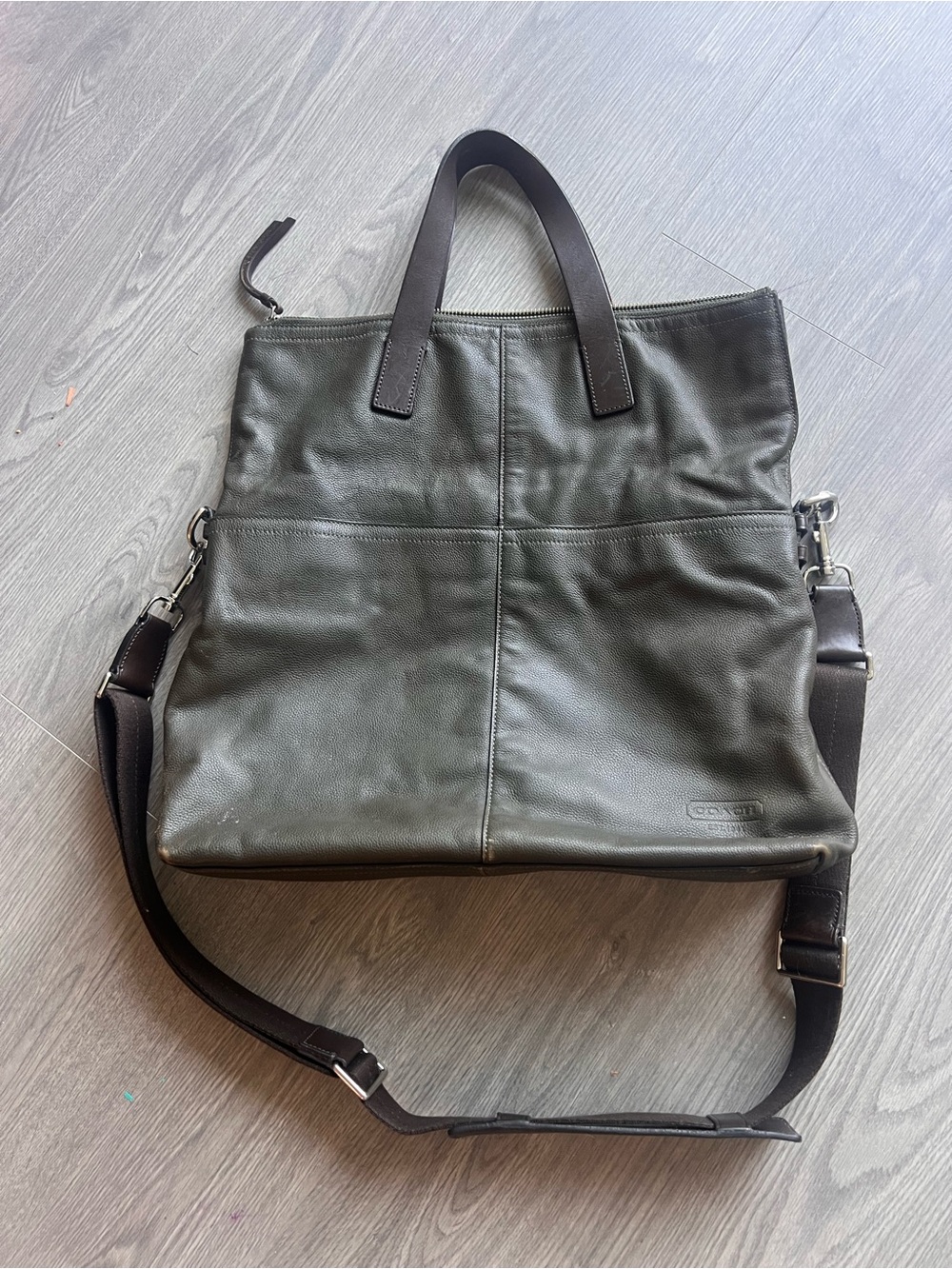 Coach Men's Leather Messenger Tote in Olive Green with Dark Brown Trim
